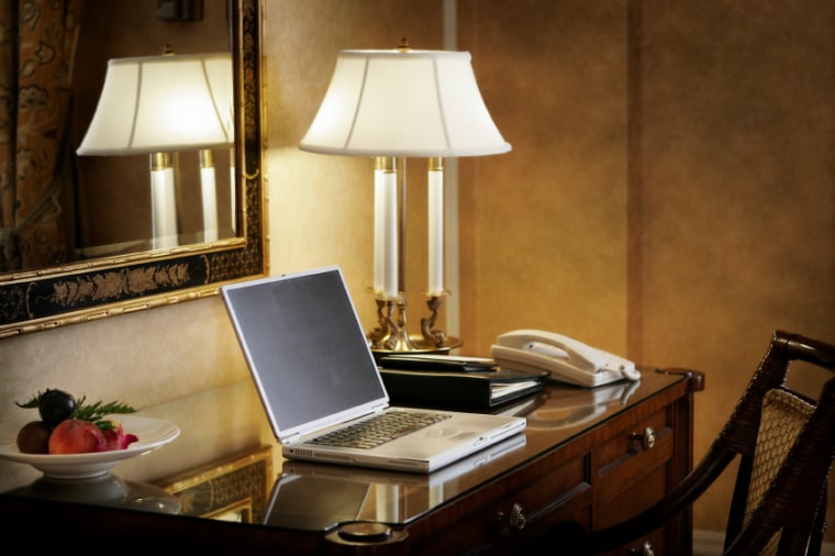 Working desk with laptop, hotel in San Francisco, CA.